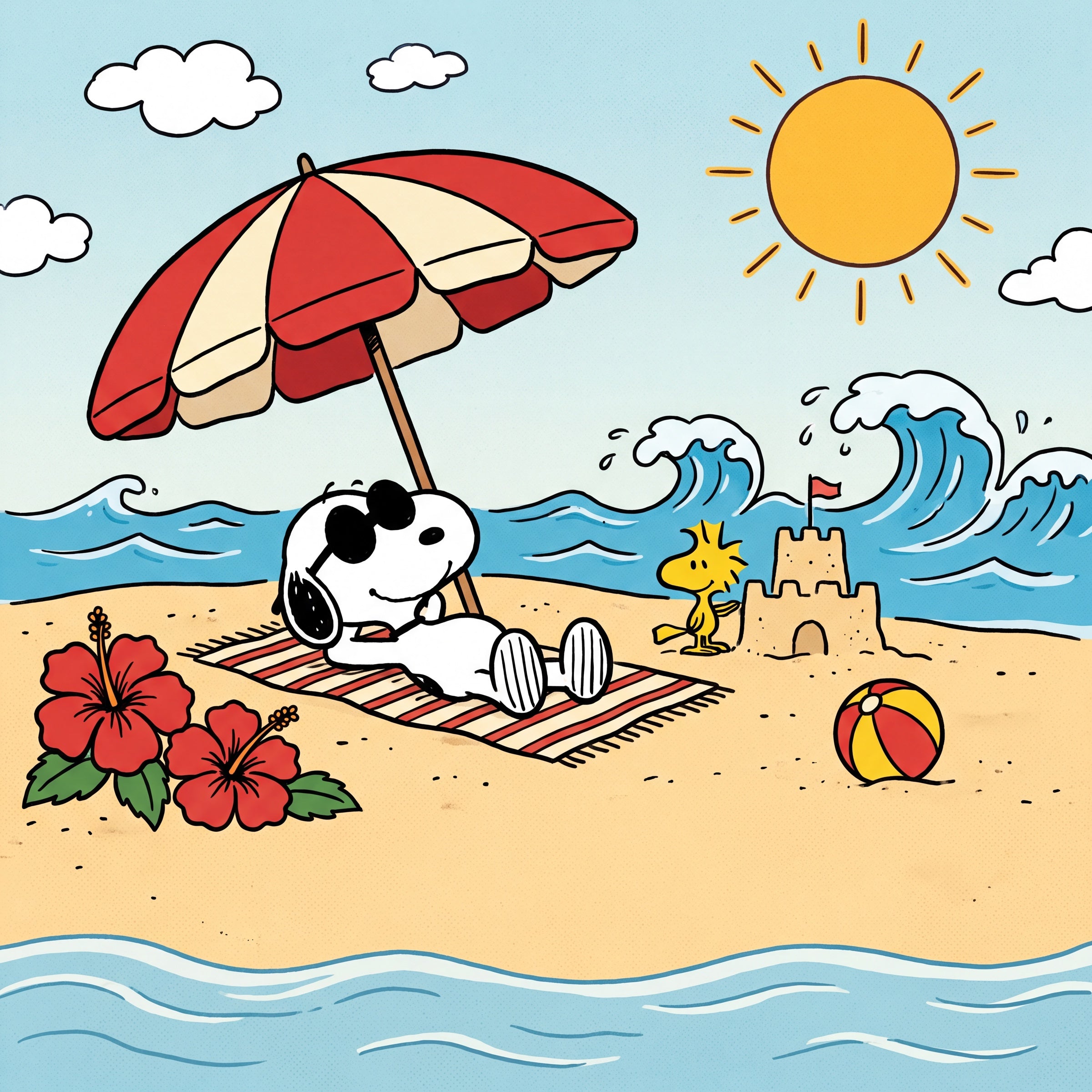 Snoopy and Woodstock enjoying a sunny beach day