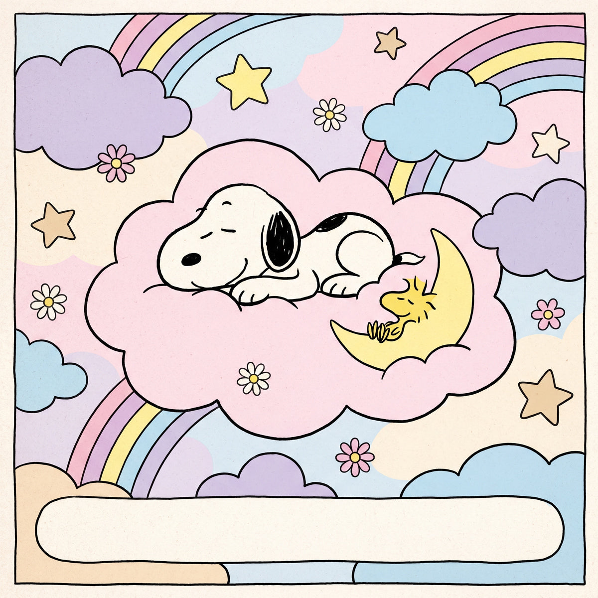 Snoopy and Woodstock resting among pastel clouds and rainbows