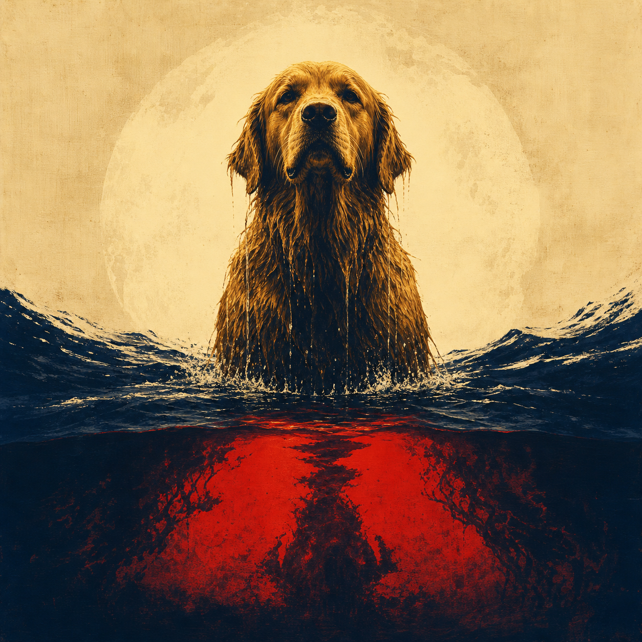 Golden retriever in a dramatic moonlit horror poster style