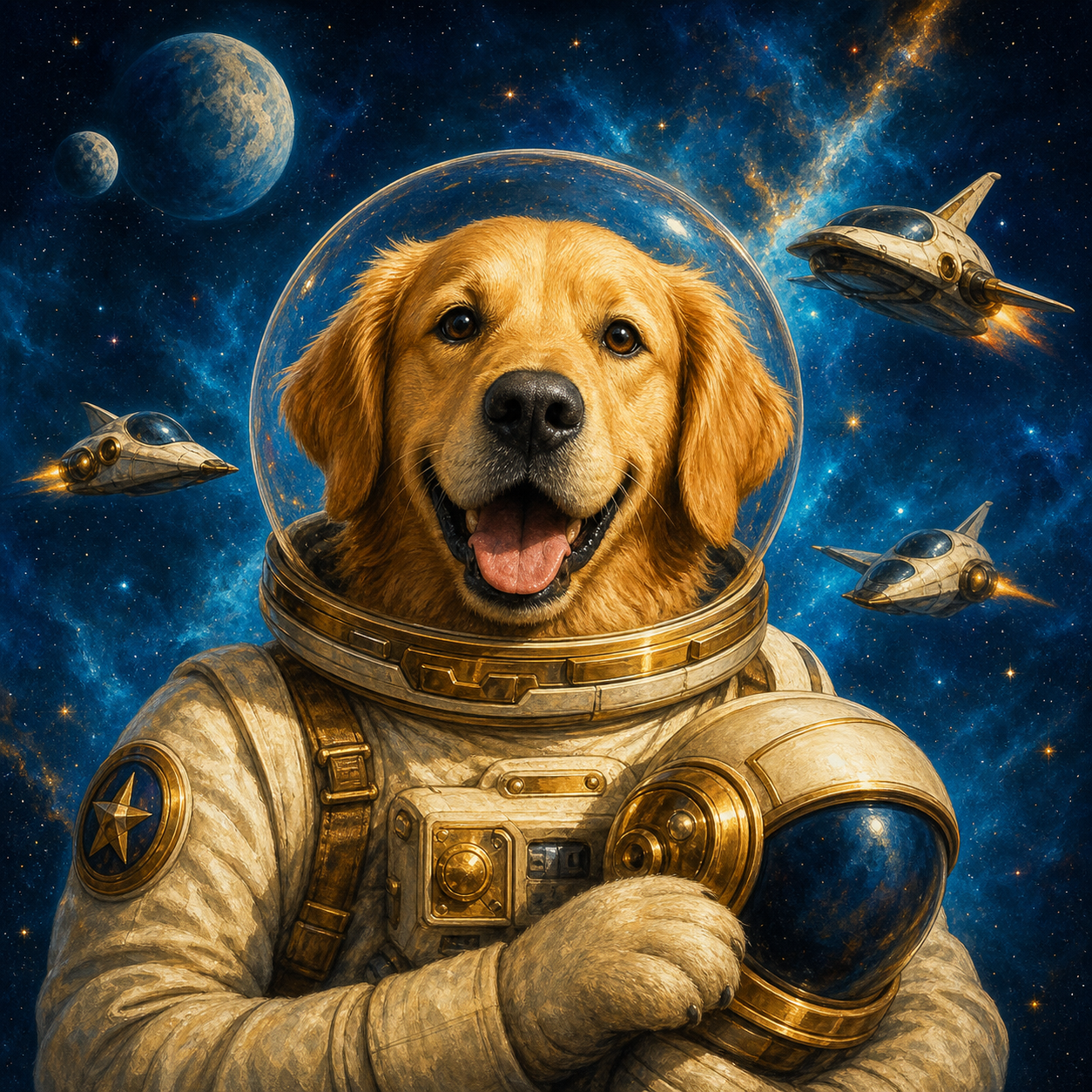 Golden retriever astronaut in a cinematic space adventure