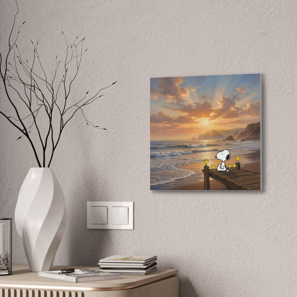 Snoopy Sunset on Pier Canvas