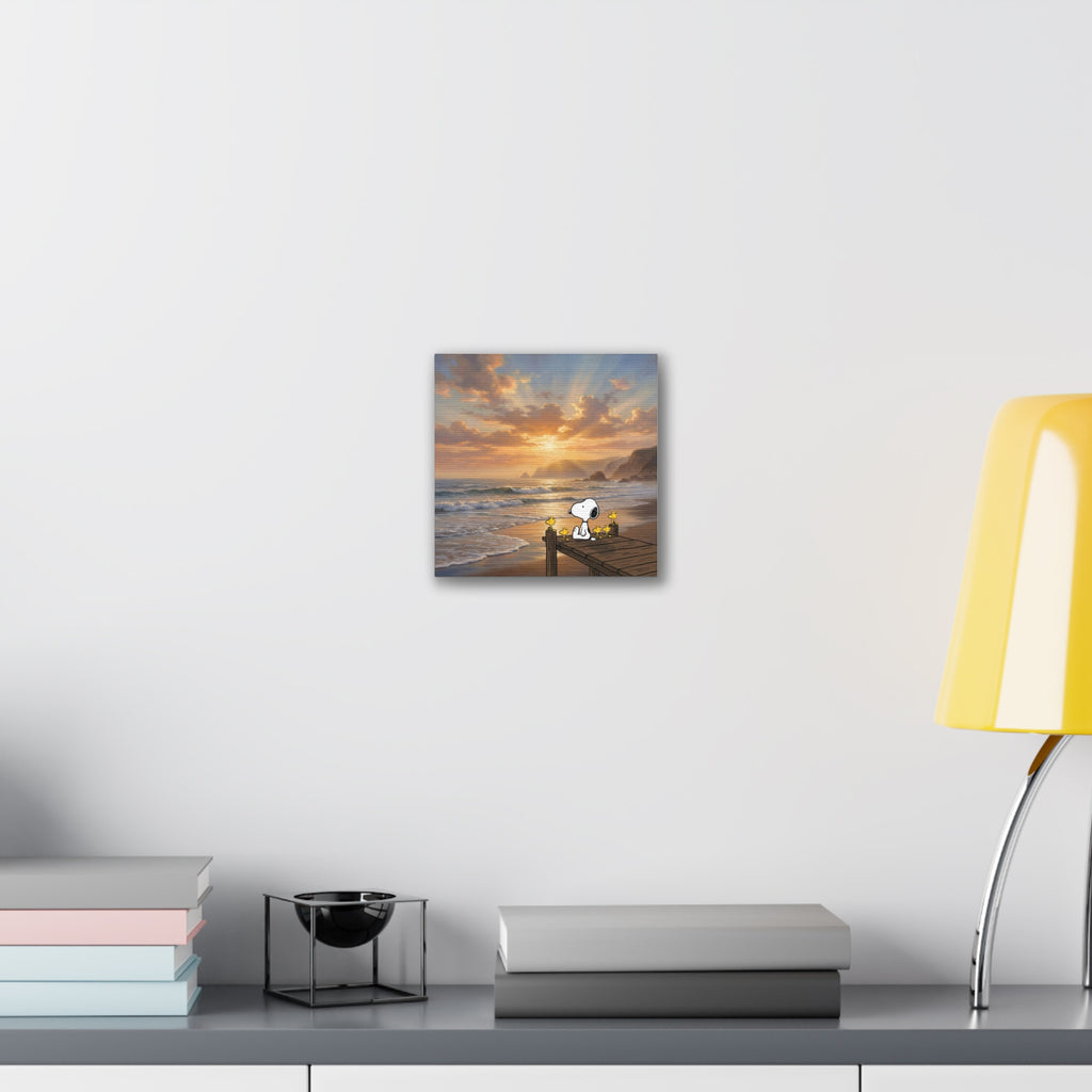 Snoopy Sunset on Pier Canvas