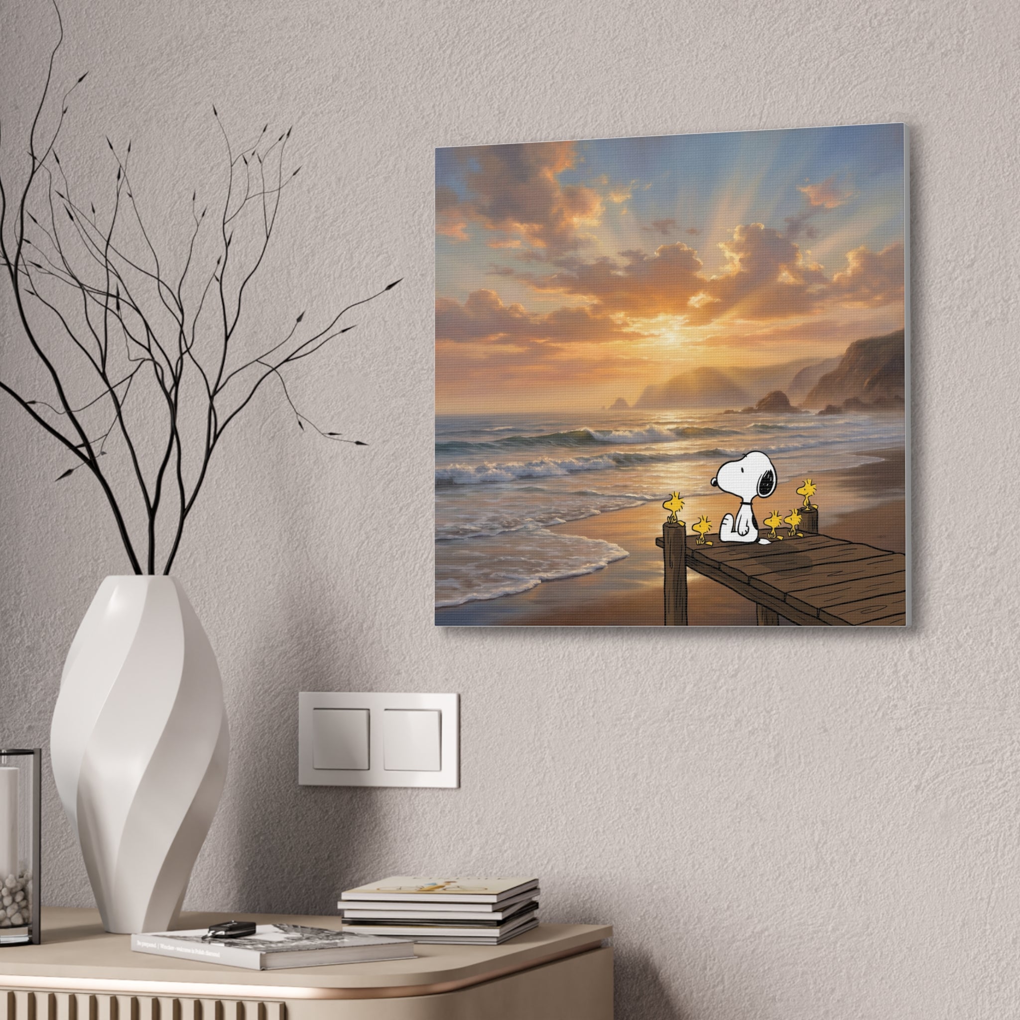 Snoopy Sunset on Pier Canvas