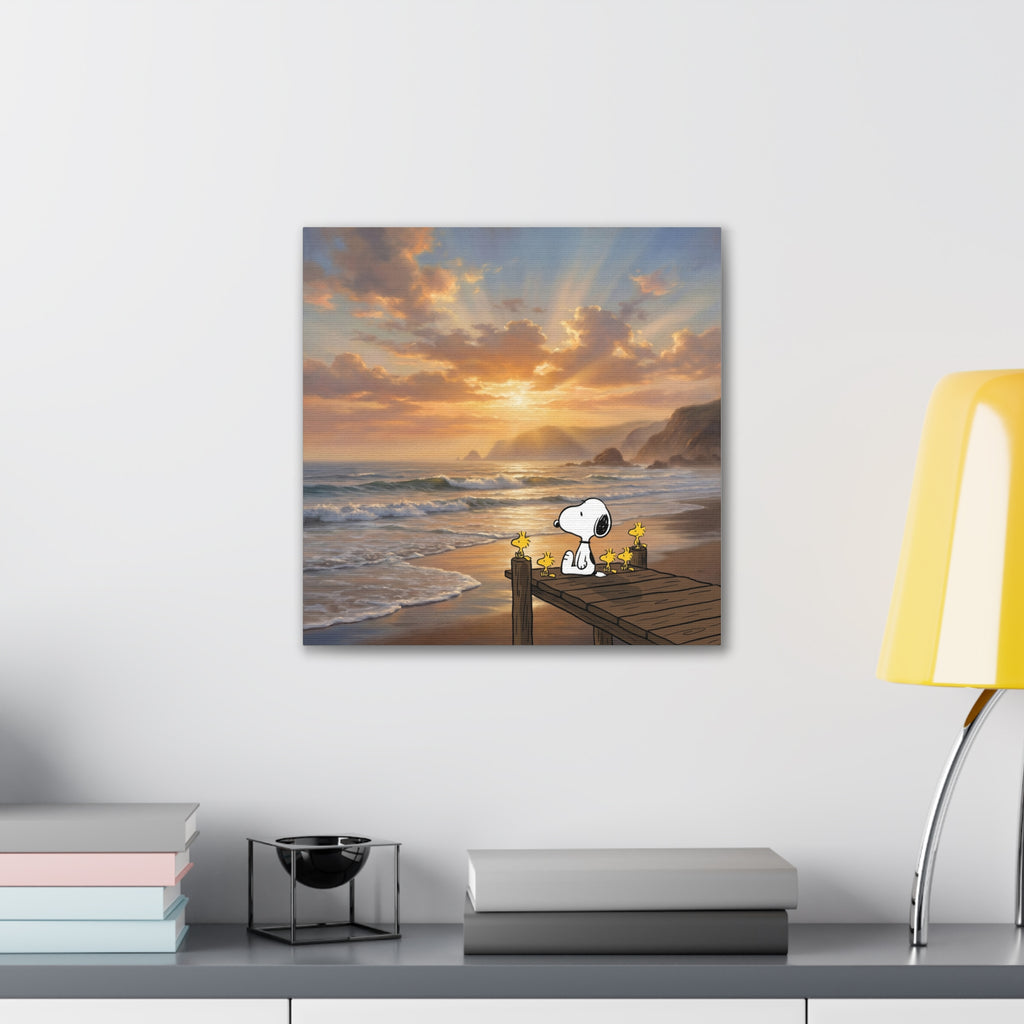 Snoopy Sunset on Pier Canvas