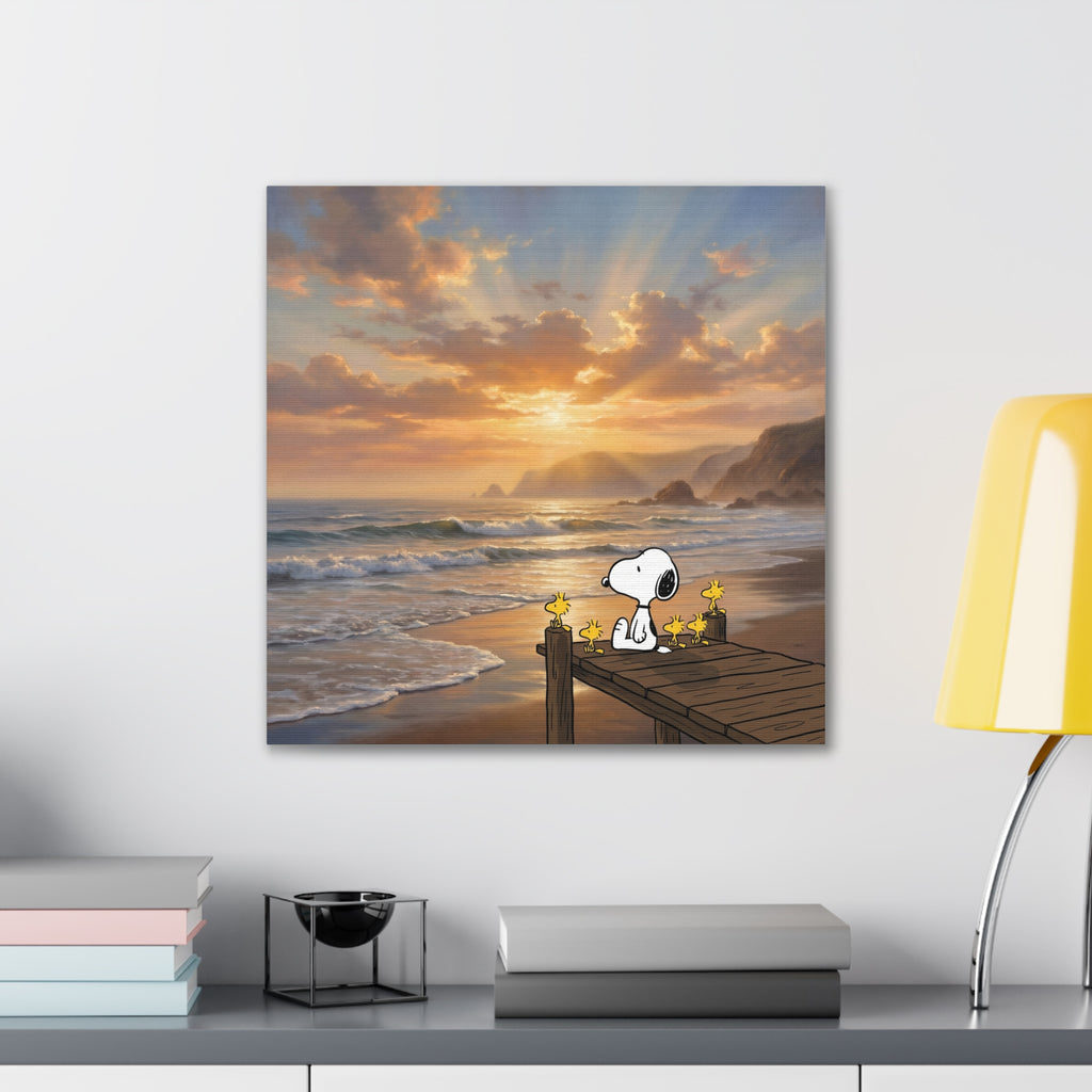 Snoopy Sunset on Pier Canvas