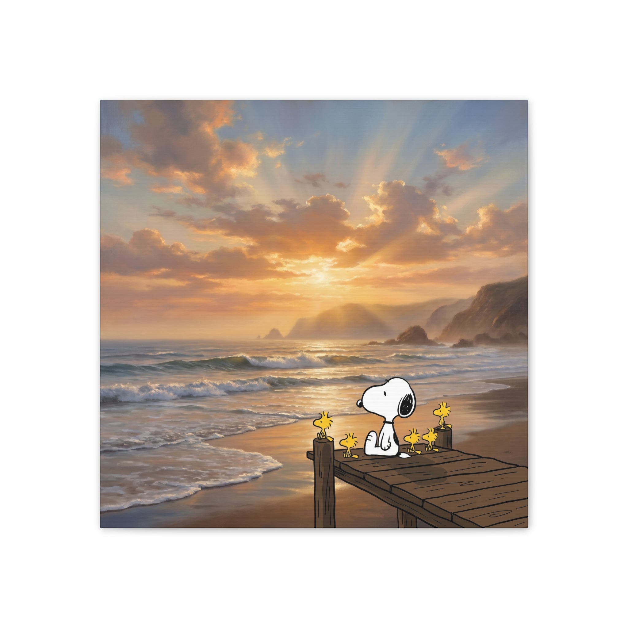 Snoopy Sunset on Pier Canvas