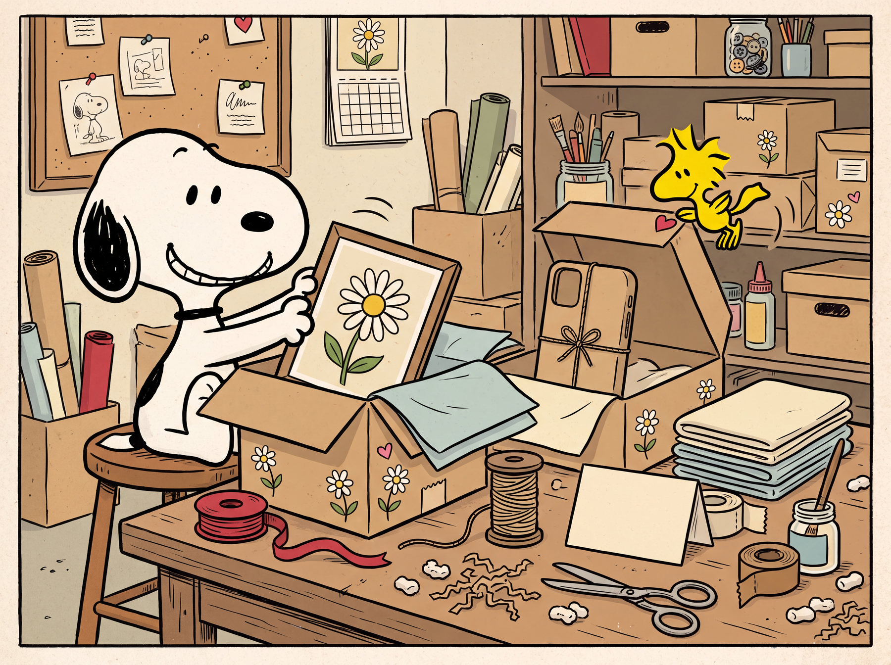 Snoopy and Woodstock packing customer orders